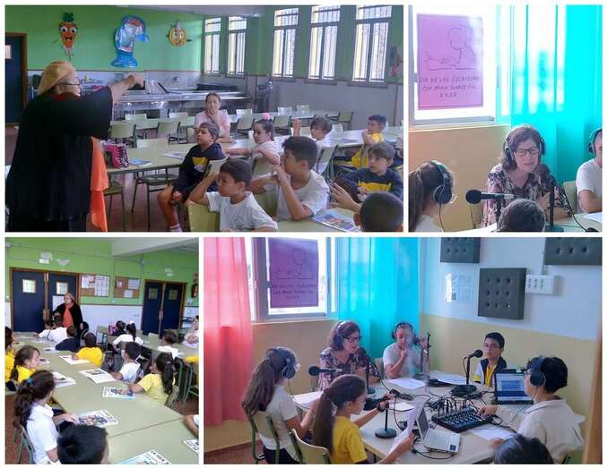 Las dos escritoras con alumnos del colegio/TA.